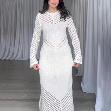 Women's Autumn Round-Collar Knitted Long Dress High-Waisted Waist-Coated Dress